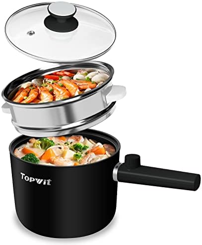 Topwit Hot Pot Electric with Steamer, 1.5L Ramen Cooker, Non-Stick Frying Pan, Electric Pot for Pasta, BPA Free, Electric Cooker with Dual Power Control, Over-Heating & Boil Dry Protection, Black