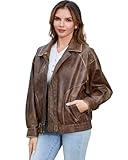 DIASHINY Faux Leather Jacket For Women Moto Biker Zip Up Motorcycle Loose Outwear Brown M