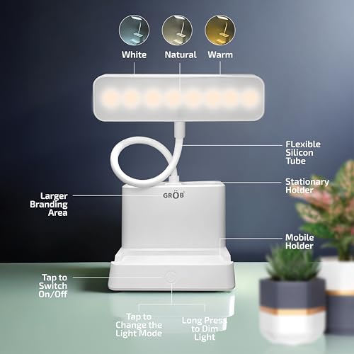 Image of GROB LED Study Table Lamp for Students | 3 Color Modes, Touch Control, Rechargeable, Eye Care Reading, Pen & Phone Holder