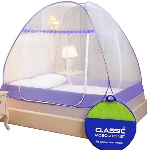 Image of Classic Mosquito Net Premium for King Size Bed | 30 GSM Polyester Fine Mesh | Foldable Pop Up Machardani for Double Bed | 360 Mosquito & Insect Protection | Washable & Reusable | Purple