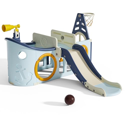 Image of YUYUE 9 in 1 Toddler Slide, Kid Slide for Toddlers Age 3-6,Pirate Ship Toddler Slide with Basketball Hoop,Indoor and Outdoor Baby Climber Playset Playground Freestanding Slide