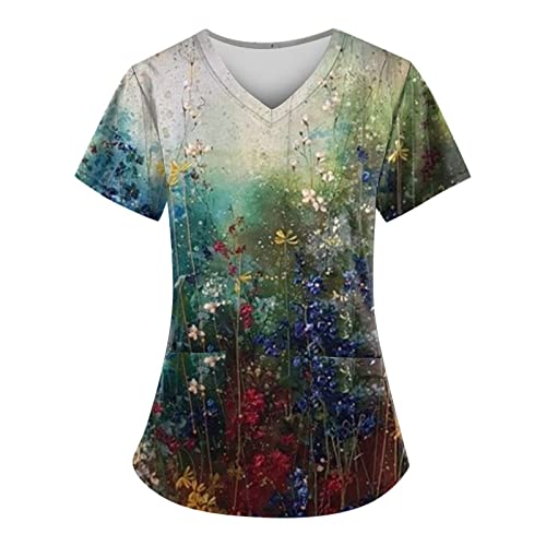 Adult Women Easter Costumes, Women Scrubs Scrub Shirts Stretch Figgs for Nursings Women Fashion Spring and Summer Flower Oil Painting Print V-Neck Short Sleeve Workwear with Pockets (1-Blue,Large)