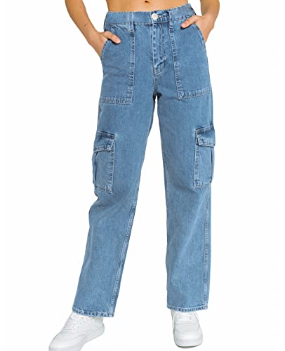 Women's Elastic Waist Straight Leg Relaxed Fit Cargo Jeans Utility Casual Denim Cargo Outdoor Pants