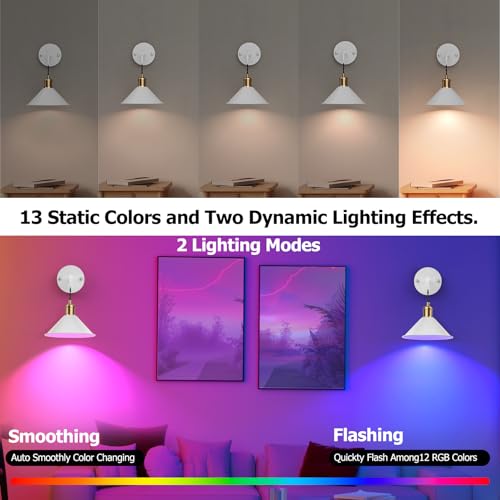 Image of Wireless Wall Lights with 13 RGB Colors, Dimmable Battery Powered Wall Lamps, Remote Control, Memory Function, Timer for Bedroom, Living Room, 2Pack, White, WS-01