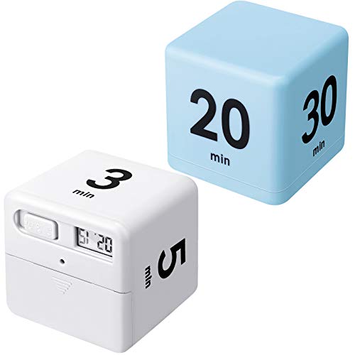 2 Pieces Cube Timers Gravity Sensor Flip Kids Workout and Game Timer Management, 1 3 5 10 Minutes and 15 20 30 60 Minutes(White, Blue)