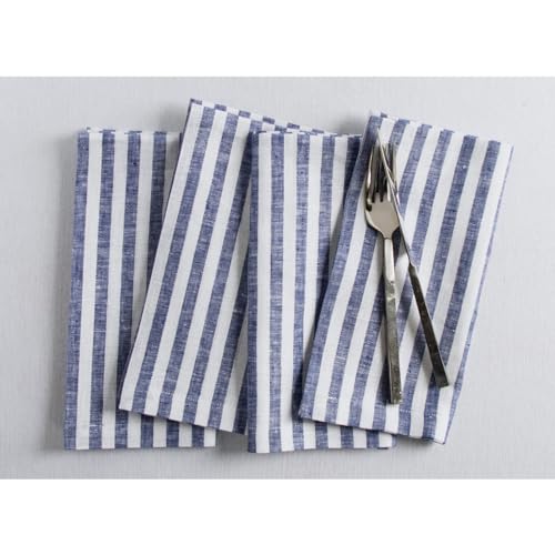 Image of Solino Home 100% Linen Napkins, 20 x 20 in, Navy and White Stripe, Set of 4