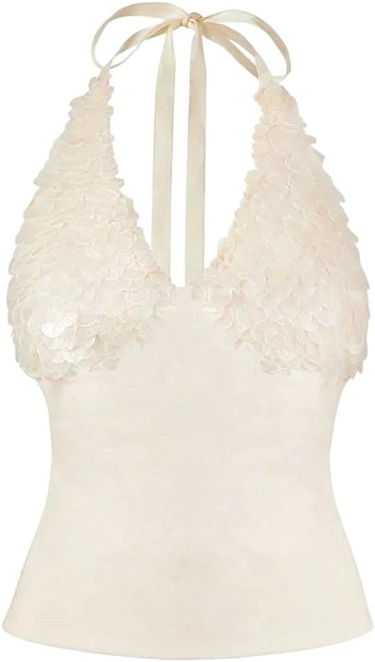 Women Rave Party Outfits Sexy Glitter Sequins Crop S Tanks Sleeveless Backless Bandage Vest Cropped