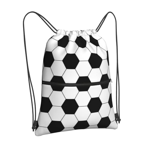 Image of Outdoor Sports Soccer Drawstring Bag, Waterproof Drawstring Backpack for Gym Sports Teams Soccer Party, Men Women Black White Durable Cinch Bag with Front Zipper Pocket and Inside Zipper Pocket