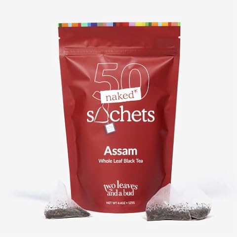 Two Leaves and a Bud Assam Black Tea, Whole Leaf Caffeinated Black Tea in Eco-Friendly Unwrapped and Compostable Sachets, Add Milk and Sugar, Resealable Bag, 50 Sachets (Pack of 1) Cover