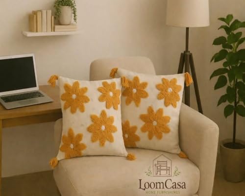 Image of Cushion Cover Pack of 2 (16x16 Inches) | Cotton Textured Decorative Throw Pillow Case for Sofa Bed Living Room Tufted Cushion Cover with Tassels (YellowFLR)