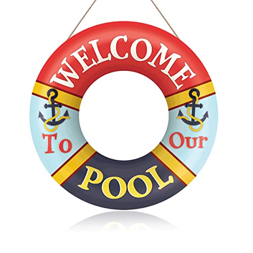 Welcome to Our Pool Sign Swimming Pool Decoration Summer Sign(12"x 12"), Rustic Summer Pool Decor Wood Sign Plaque, Swimming Ring Shaped Summer Wooden Hanging Sign for Pool Outdoor Decor
