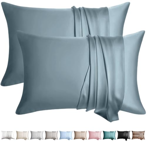 Image of 100% Silk Pillow Cases 2 Pack Queen Size Mulberry Silk Pillowcase for Hair and Skin Set of 2 Highest Grade 6A Silk Soft Breathable Cooling with Hidden Zipper, Grey Blue