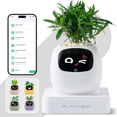 Smart Plant Pot with Visual Display Soil Moisture Water Level Light & Battery Monitor 80ml Self-Watering Reservoir Supports 50+ Plants Pomodoro Timer Clock & Calendar (White)