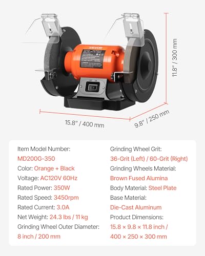 Image of VEVOR Bench Grinder, 8-inch Single Speed Bench Grinder, 3450RPM High-Speed Table Grinders with 350W 3.0A Induction Motor, 36 /60-Grit Grinding Wheel & Adjustable Eye Shield for Fast Sharpening Grinding