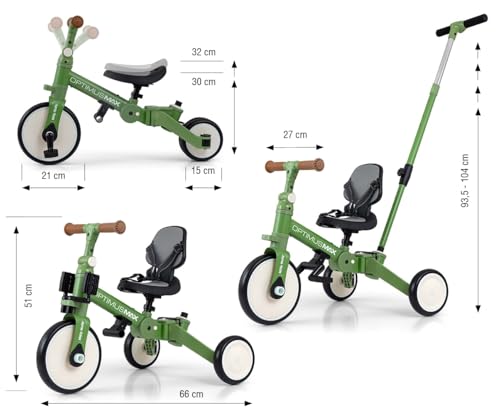 Milly Mally Tricycle 5in1 Optimus Max Baby-Dreirad Dreirad für Kinder mit Steuergriff für Eltern 1 bis 4 Jahren (Green) – Bild 7
