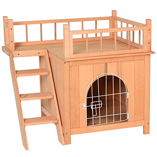 PawHut Maison Lodge - Niche Villa avec Terrasse Escalier et Porte pour Chien Chat - dim. 73L x 55l x 65H cm - Bois Massif de Pin Pré-huilé