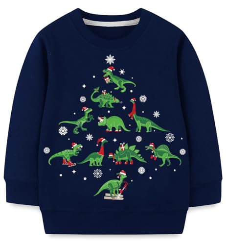 Kids Christmas Sweatshirt Funny Dinosaur Christmas Tree Cotton Long Top