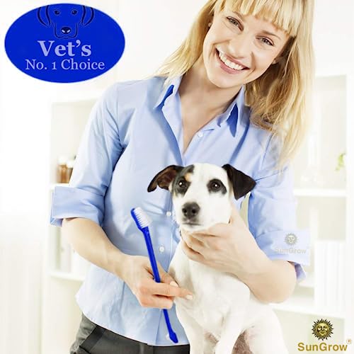 Image of SunGrow Dog & Ferret Toothbrush Set of 4, 2 Long Dual-Headed and 2 Finger Brush, Blue and Yellow, Puppy, Cat, and Small Breed Dog, 9-Inches and 2.5-Inches