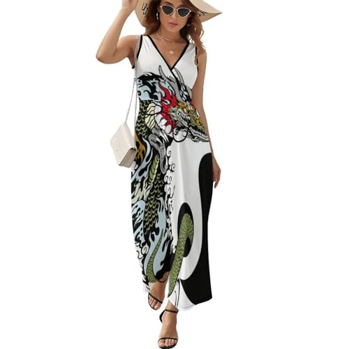 Robe d'été sans manches imprimée dragon : la légèreté d'une silhouette maxi col V