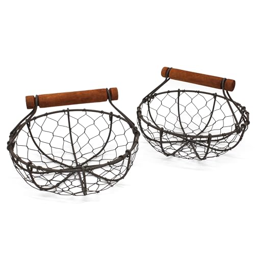 CVHOMEDECO. Chicken Wire Egg Baskets Rust Gathering Baskets with Wooden Handle Country Vintage Style Storage Baskets. Set of 2 (Round)