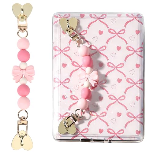 LuneClat Strap for E-Reader with Pink Bowkont - Cute Silicone Beaded Grip Chain Charm for Kindle, Bracelets Accessories for E-Reader Booklovers Women Men Hand Strap, Bookish Gift