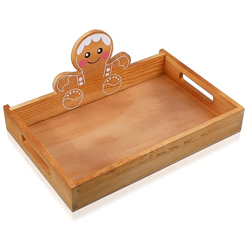 Sliner Christmas Wood Serving Tray with Handles 13.31 x 9.25 Gingerbread Man Christmas Cookie Platter Xmas Decorative Wooden Plate Food Display Dishes for Kitchen Coffee Table