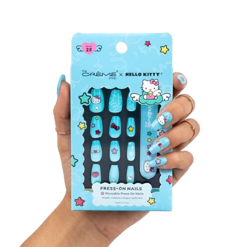 The Crme Shop x Hello Kitty Wings Collection Press On Nails Medium Length Ballerina Shape 24 Nails Kit with Glue and Tools 12 Sizes (Wings Blue)