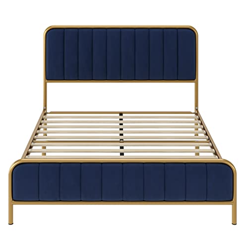 Hithos Queen Size Bed Frame, Upholstered Bed Frame With Button Tufted Headboard, Heavy Duty Metal Mattress Foundation With Wooden Slats, Easy Assembly, No Box Spring Needed (Golden/Blue, Queen) #TOP6