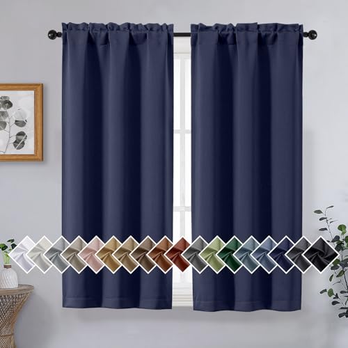 Image of Navy Blue Short Blackout Curtains for Bedroom 45 Inches Long 2 Panels Set, Solid Thermal Insulated Blackout Curtains, Energy Saving Soft Fabric Window Drapes, Dual Rod Pocket, 2x40Wx45L Inches