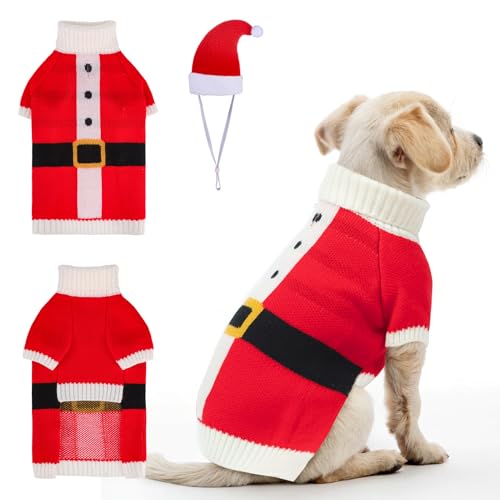 Image of BEAUTYZOO Dog Christmas Sweater for Small Medium Dogs Girls Boys, Dog Santa Claus Costume Outfits with Hat & Leash Hole, Turtleneck Knitted Pullover Xmas Puppy Sweaters Cold Weather Clothes, Red SM