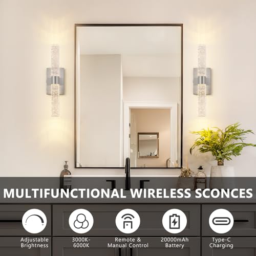 Image of Battery Operated Wall Sconces Set of 2, 20000mAh Rechargeable Wall Light | Remote Control 3000K-6000K Dimmable LED Wireless Sconces,Brushed Nickel,15.6 Inch