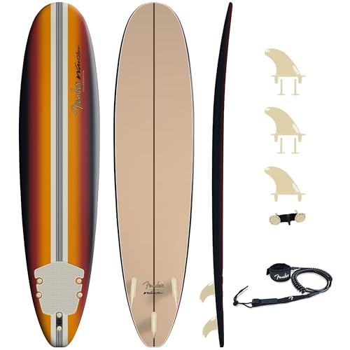 Fender x Wavestorm Collaboration 8ft Surfboard | Graphic top Deck with high Density Slick Bottom | for Kids and Adults | Foam Construction with Accessories | Leg Leash and Fin Set Included