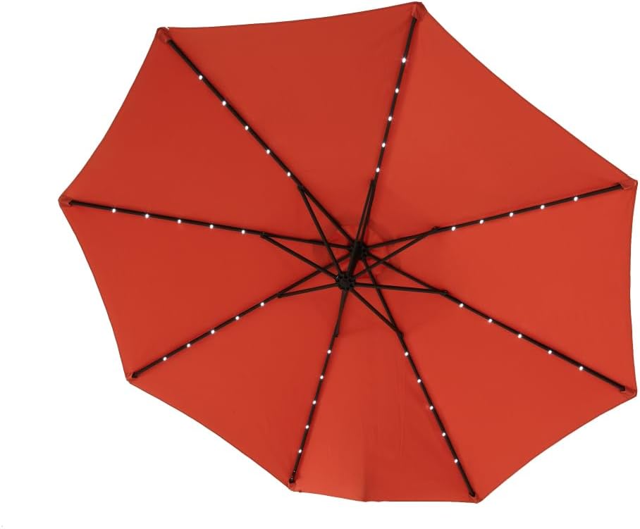 Elountik 10ft Solar LED Offset Hanging Market Patio Umbrella in Orange, No Base Included - Energy Efficient with Built-in Lights for Outdoor Shade