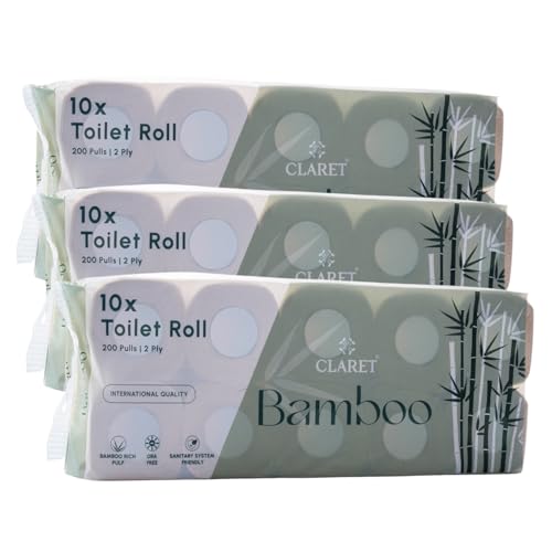 Image of Claret Bamboo 2-Ply Toilet Roll (10 x 10 cm) | 200 Pulls | 10 Rolls in 1 Pack | Ultra Soft & Eco-Friendly | OBA Free | Natural Bamboo Pulp (Pack Of 3 (30 Rolls))