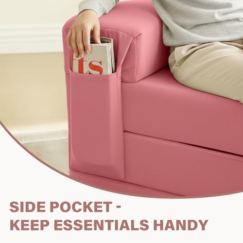 Image of Tiita Folding Sofa Bed Chair, 4-Fold Convertible Sleeper Chair with Lumbar Pillow, Washable Cover & Side Pocket, Floor Couch Bed with Raised Seat, Single Size for Small Spaces, Pink