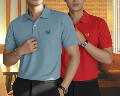 Image of MACK JONNEY Men's Solid Polo T-Shirt | Premium Cotton Blend | Regular Fit | Short Sleeve | Collared Casual Wear|Pack of 2 -MJ-157