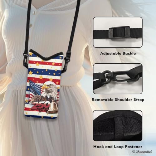 Image of Neoprene Phone Pouch with Detachable Crossbody Strap Independence Day Phone Bag Stars and Stripes Crossbody Bags for iPhone 17 /16 /15 Pro, American Flag Eagle 250 Years Print