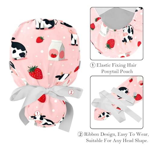 Image of 2 PCS Bouffant Cap with Button Ponytail Pouch Working Cap Sweatband Adjustable Surgical Cap Black and White Cow