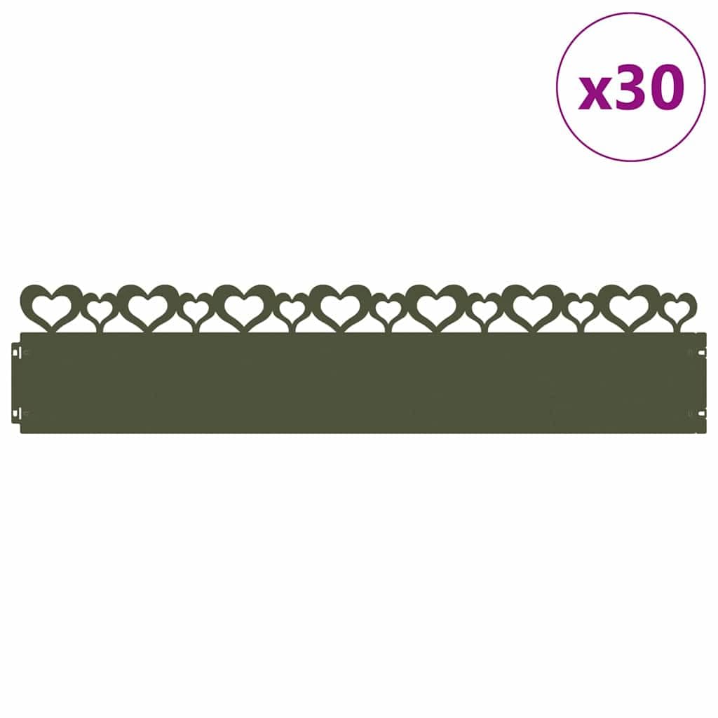 Cantos de césped de acero verde oliva, 30 unidades, 103 x 0,05 x 22 cm, borde de arriates, borde de jardín, resistente a la intemperie, decorativo para terraza, balcón, jardín pequeño