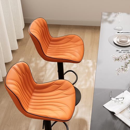 Image of Bar Stools Set of 2 Modern Kitchen Counter Chairs Swivel Barstools Orange | Faux leather upholstered island chairs with backs & metal base. Adjustable Height, easy to clean & load 300 lbs
