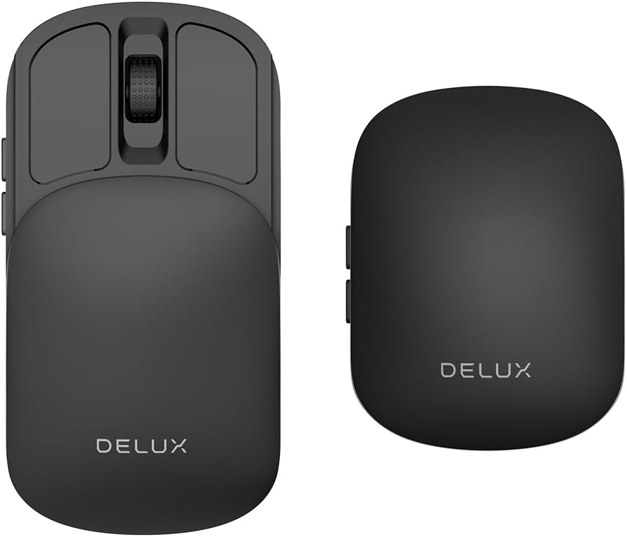 DELUX Wireless Bluetooth Pocket Mouse, 2-in-1 Sliding Mouse, Foldable and Slim Mouse, Quiet Clicks, Dual Mode 2.4Ghz&BT5.2, Up to 4000DPI, Rechargeable Battery, for Windows/MacOS/Android (MF20-Black)