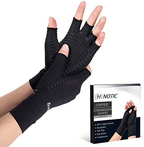HENOTIC Copper Arthritis Gloves for Women Men, Fingerless Breathable & Moisture Wicking Arthritis Compression Gloves for Relieving Carpal Tunnel Aches, Rheumatoid Pains, Joint Swell