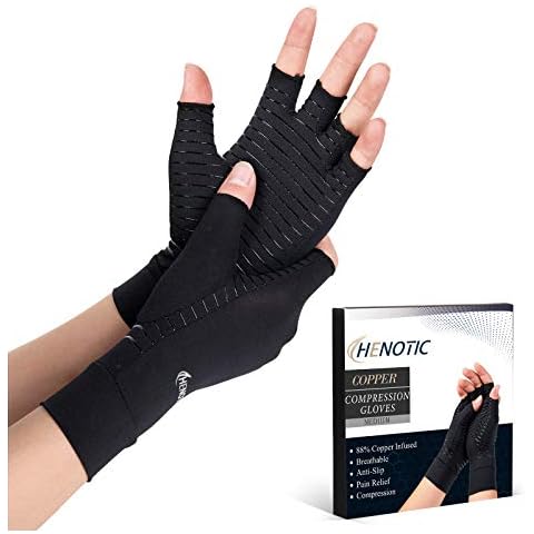 HENOTIC Copper Arthritis Gloves for Women Men, Fingerless Breathable & Moisture Wicking Arthritis Compression Gloves for Relieving Carpal Tunnel Aches, Rheumatoid Pains, Joint Swell Cover