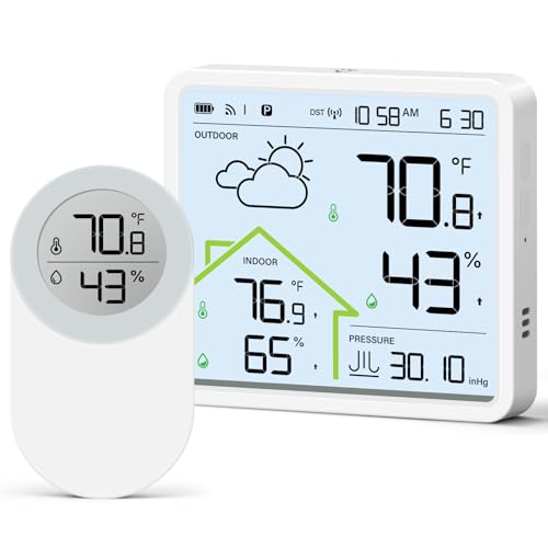 Weather Station with 1 Remote Sensor, Wireless Indoor Outdoor Thermometer Hygrometer, Home Weather Stations with Atomic Clock, Weather Forecast, Temp, Humidity, Barometric, Adjustable Backlight