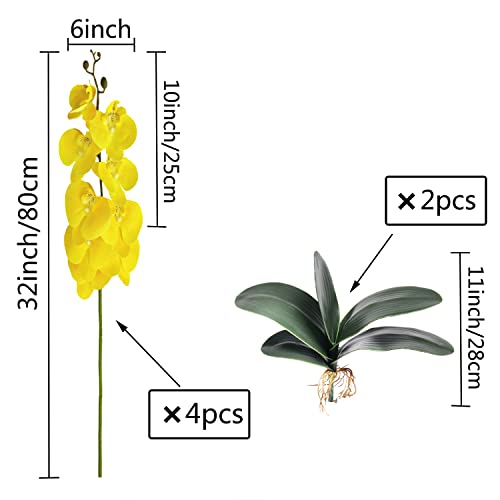 FagusHome 32 Inches Artificial Phalaenopsis Flowers 4 Pcs with 2 bundles Leaves Artificial Orchid Flowers Stem Plants for Home Décor (Yellow) - Image 2