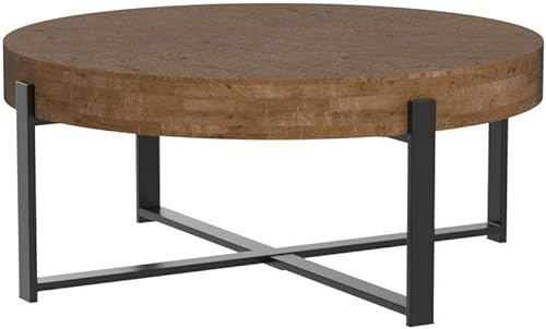 Miniatura 4 de Mesa de centro redonda de empalme retro moderna de 31.29 pulgadas, mesa de madera de abeto con base de patas cruzadas negras