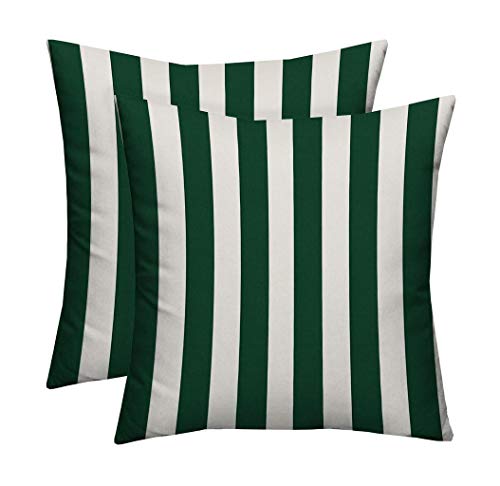 RSH DECOR: Square Throw Pillows Set of 2 | 20” x 20” | All-Weather Spun Fabric | Water and Fade-Resistant | Outdoor Accent Pillows for Patio Furniture | Hunter Green & White Stripe