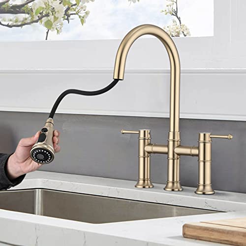 Dornberg Bridge Kitchen Faucet With Pull Down Sprayer, 3 Hole Kitchen Sink Faucet Spot Free Stainless Steel, 2 Handle For Easy Controlled Cold And Hot Water - Brushed Golden #TOP29