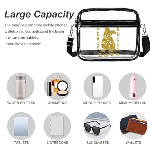 Peace Love Pit Bull Dog Large Crossbody Bag Clear Stadium Bag Anti-Theft Side Shoulder Bags Messenger Bag with 2 Compartments3