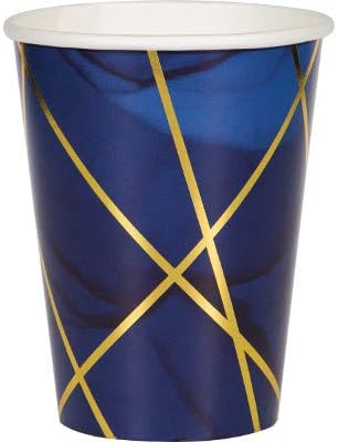 Geometric Design Wedding Tableware, Navy and Gold Foil Lines Printed 12 Ounce Paper Cups, Box of 96